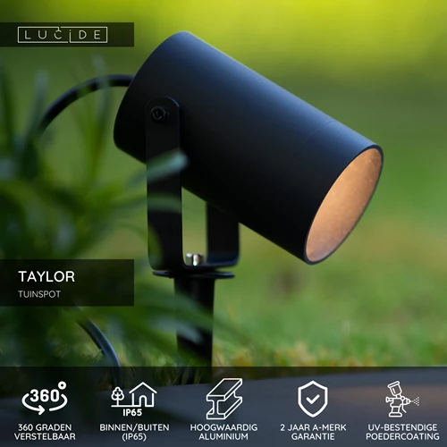 Lucide TAYLOR - Tuinspot - Ø 10 cm - 1xGU10 - IP65 - Zwart - USP